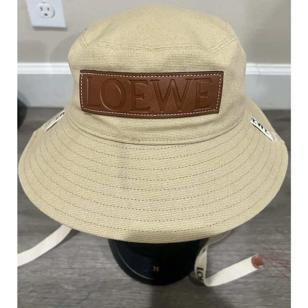 LOEWE Paula’s Ibiza Canvas Bucket Hat Beige Leather Logo Patch Made Italy